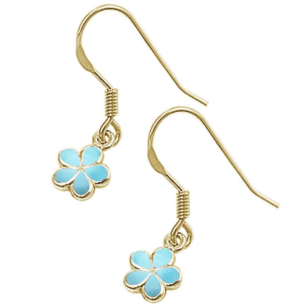 Yellow Gold Plated Natural Larimar Plumeria .925 Sterling Silver Earrings ABC Rugs Kilims