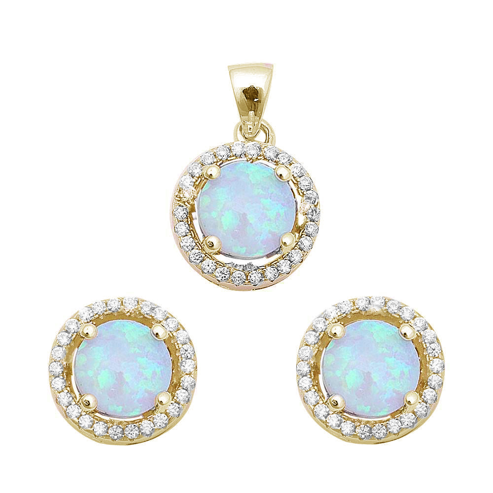 Yellow Gold Plated Halo White Fire Opal & Cubic Zirconia .925 Sterling Silver Earring & Pendant Set ABC Rugs Kilims