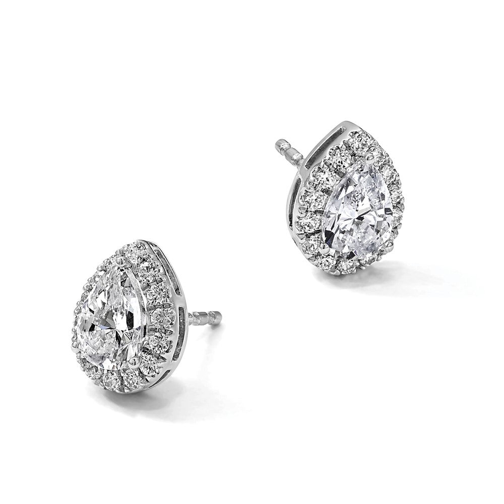 14kw 3 1/2ct Lab Grown Diamond VS+ F+ Comp Pear Halo Post Earrings