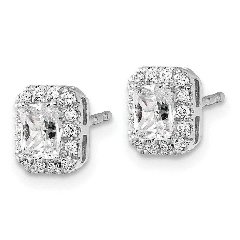 14kw 7/8ct Lab Grown Diamond VS/SI+ G+ Comp Emerald Halo Post Earrings