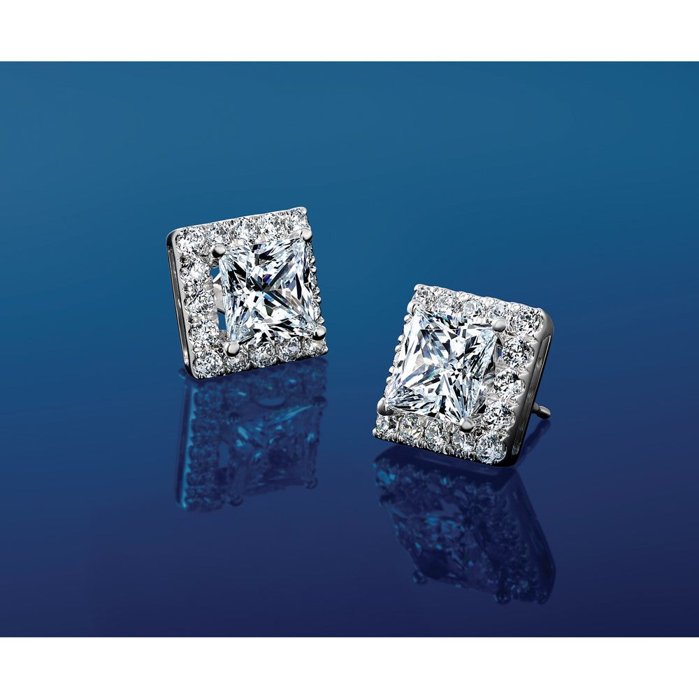 14kw 7 5/8ct Lab Grown Diamond VS+ F+ Comp Princess Halo Post Earrings