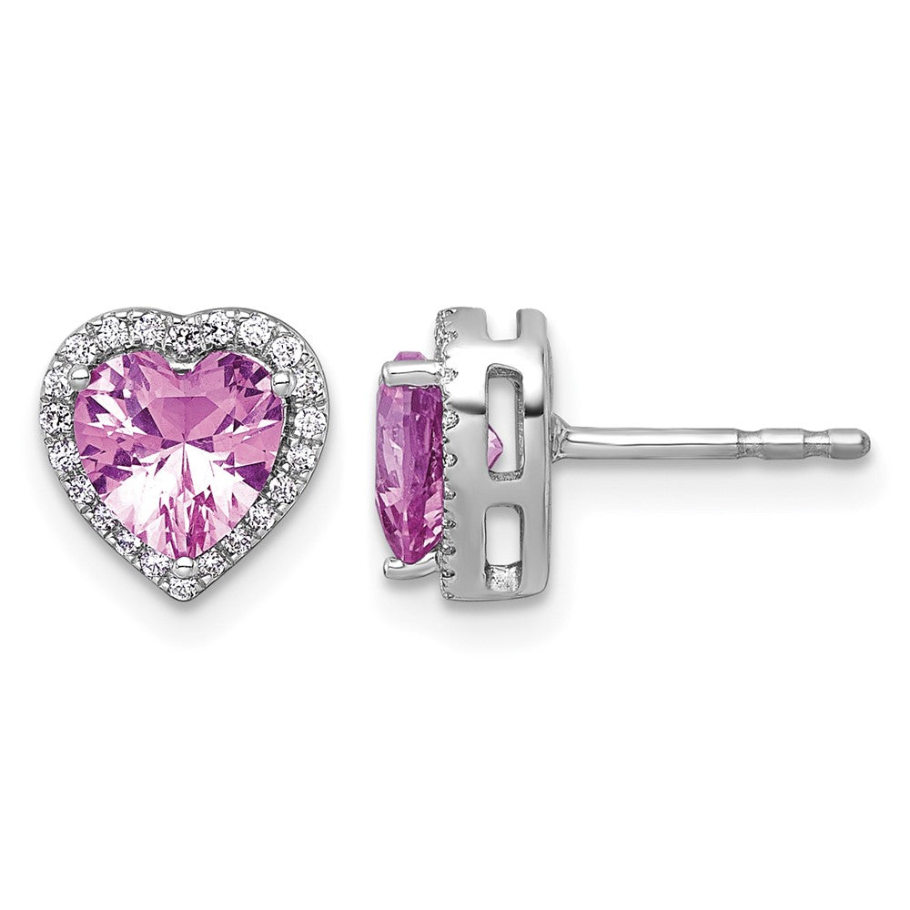 14kw 1/6ct Lab Grown Dia VS+ F+ &Pink Sapphire Comp Heart Halo Earrings