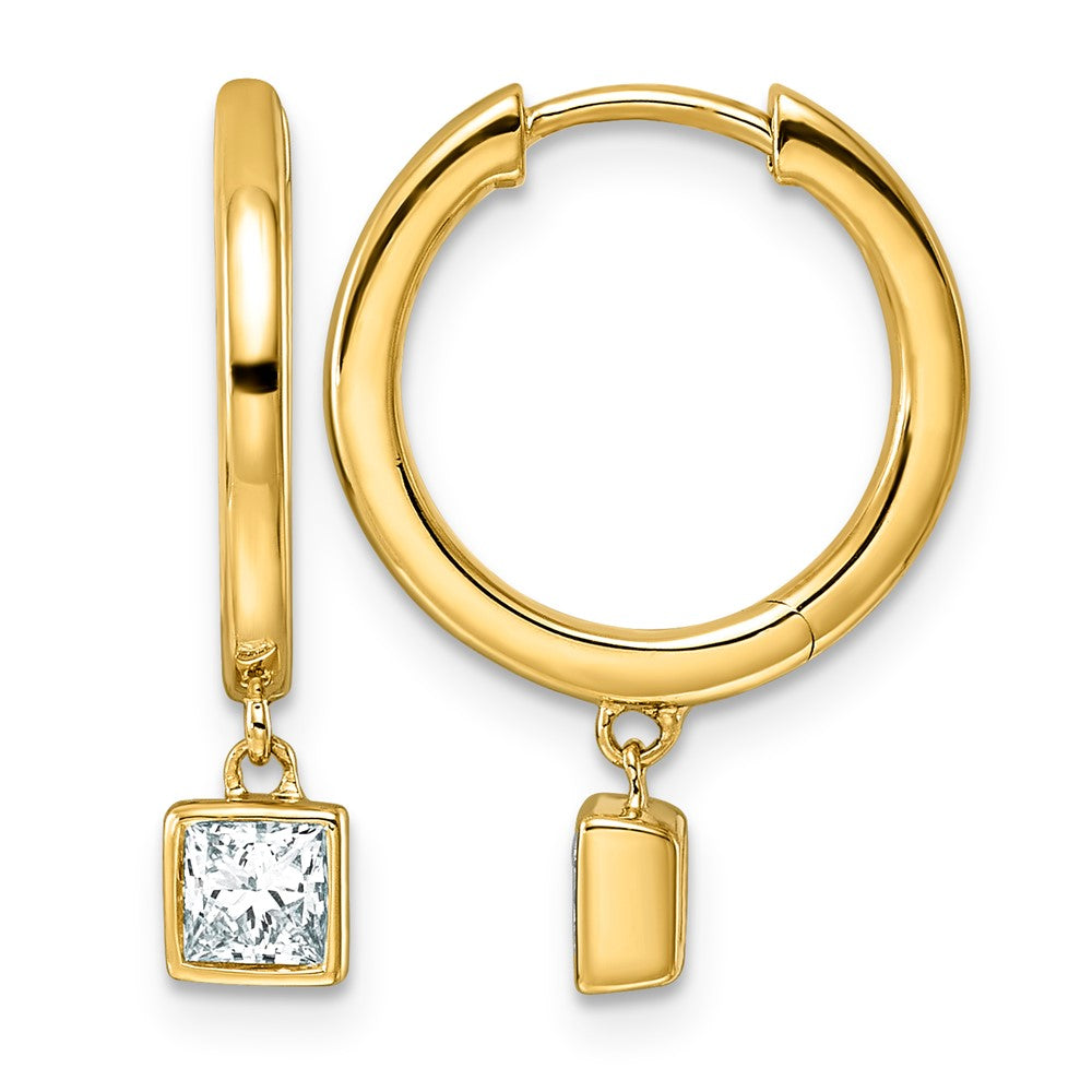 14ky 1/2ct LabGrown Dia VS+ F+ Dangle Princess Bezel Comp Hoop Earrings