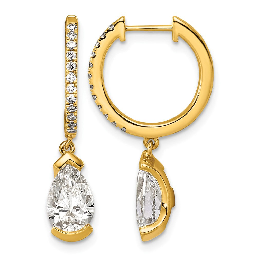 14ky Pear Bezel Dangle Lab Grown Diamond VS+ F+ Hoop Earrings