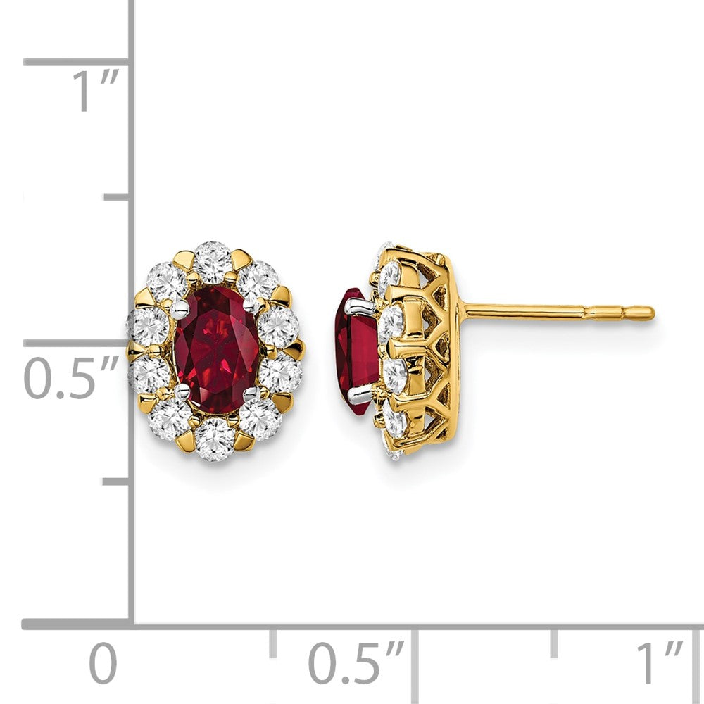 14k 3/4 ct Lab Grown Diamond VS/SI+ G+& Oval Cr Ruby Halo Post Earrings