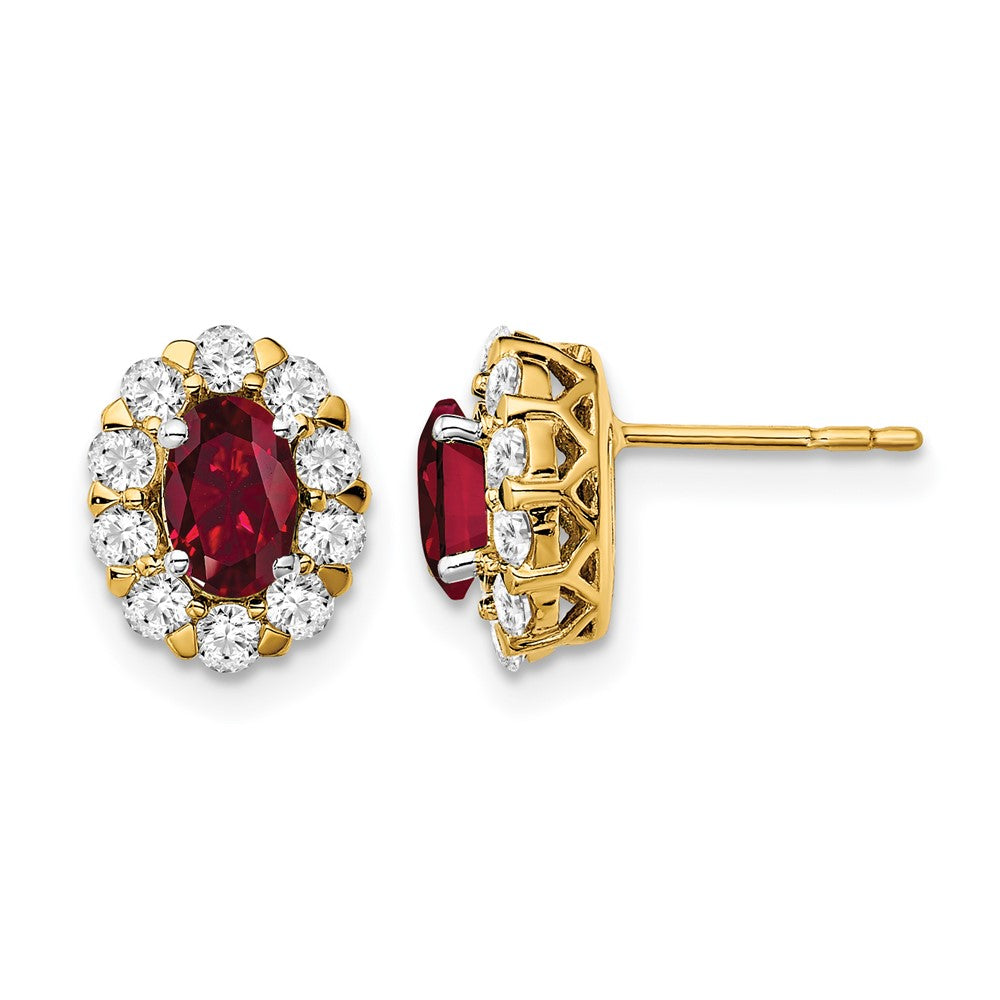 14k 3/4 ct Lab Grown Diamond VS/SI+ G+& Oval Cr Ruby Halo Post Earrings
