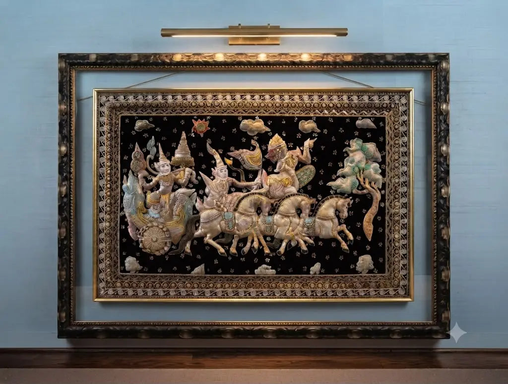 Elevate your space with this magnificent, Hand-stitched with gold and silver threadwork on a rich black velvet background, 56” x 43”