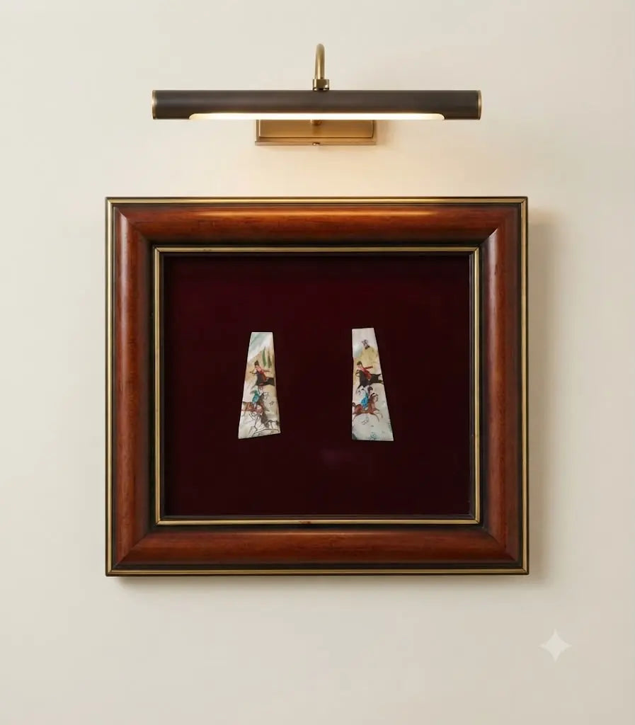 Exquisite hand-painted Persian miniature depicting a traditional royal polo match, delicately rendered on vintage mother-of-pearl panels, 9.5" x 8.5"