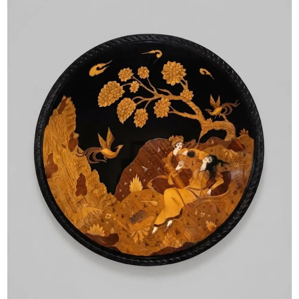 Exquisitely detailed 43” round Persian marquetry depicting a courtly scene of lovers set against the dramatic scenery of the Zagros Mountains