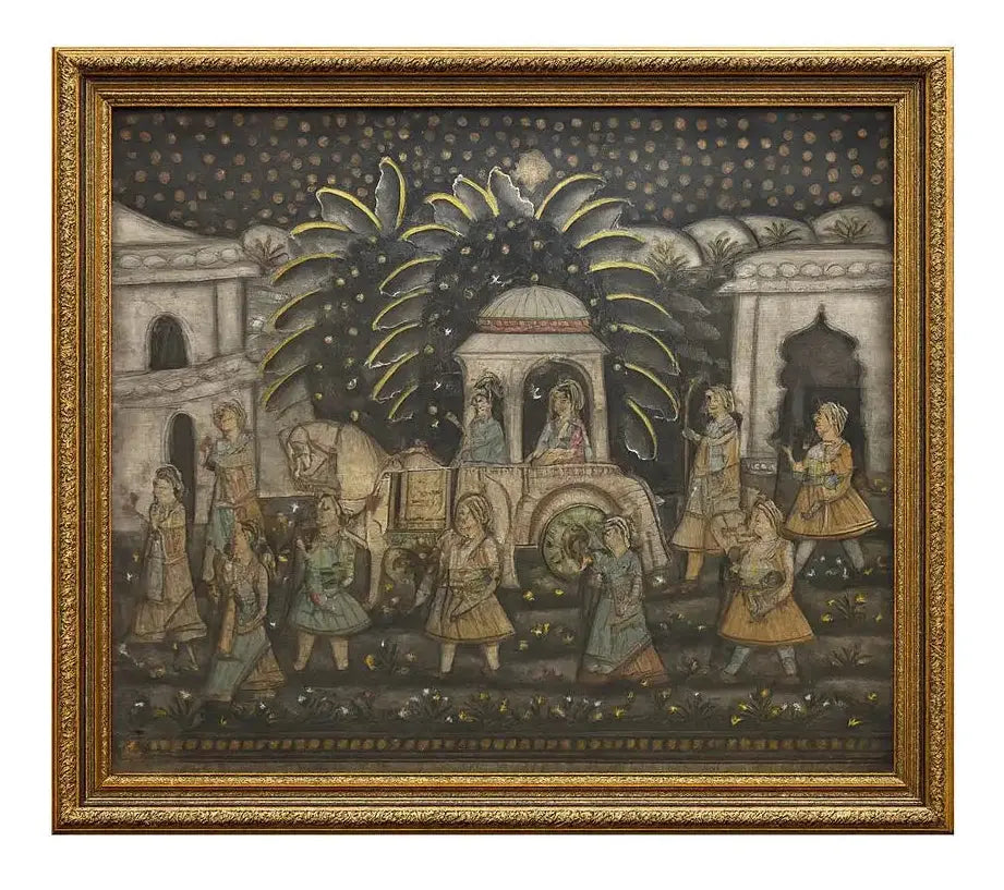 FRAMED TAPESTRY Detailed elephant procession scene. Ornate gold frame. Approx. 36" x 48"