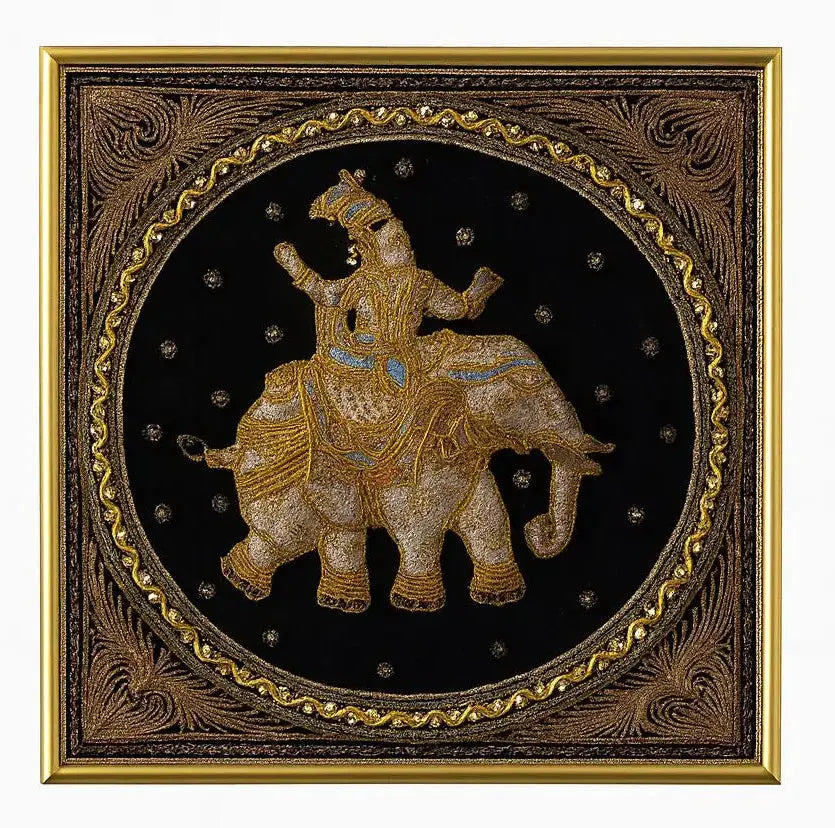 FRAMED TAPESTRY Traditional elephant scene. Ornate gold frame. Approx. 24" x 24"