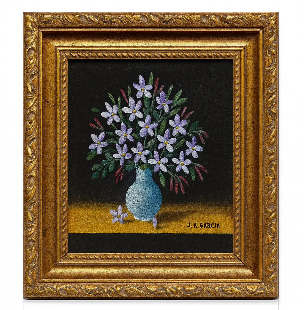 Floral Tapestry of a basket filled with flowers against black background Approx. 18" x 21"