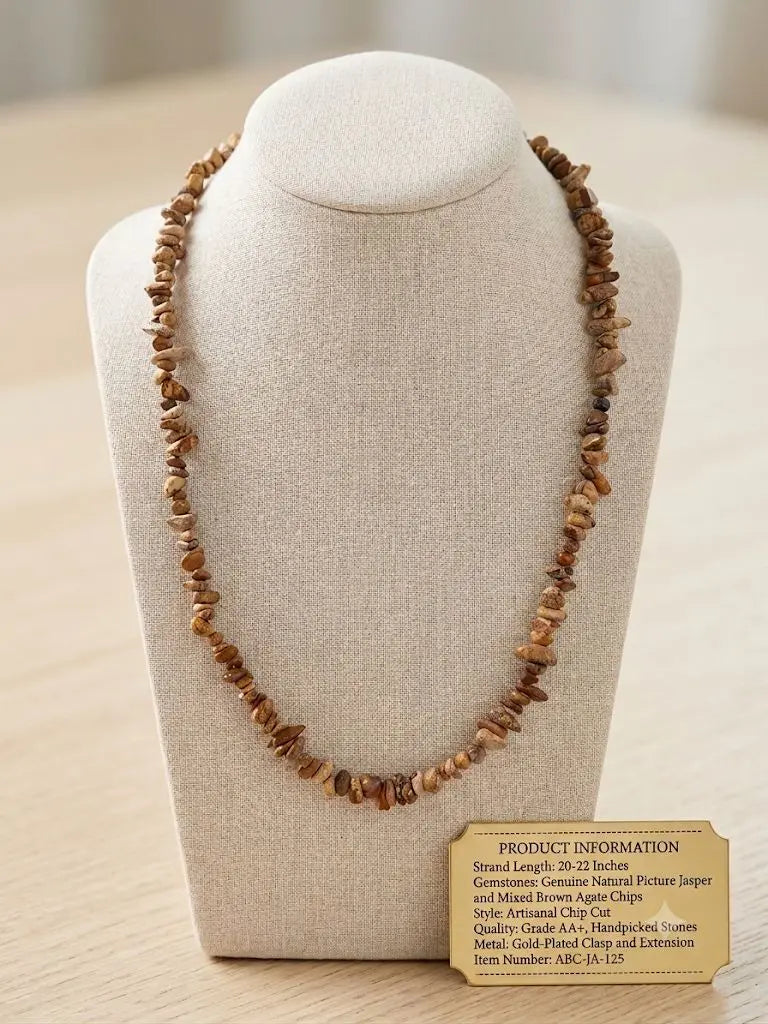 Genuine Natural Picture Jasper and Mixed Brown Agate Chips, Length 20-22 inches (adjustable), ABC-JA-125
