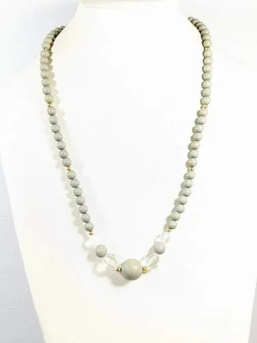 Gold Tone Gray Round Wood bead Clear Acrylic Longer necklace 26 inches ABC Jewelery