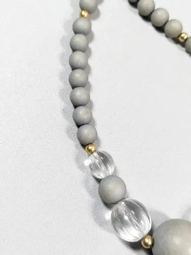 Gold Tone Gray Round Wood bead Clear Acrylic Longer necklace 26 inches ABC Jewelery