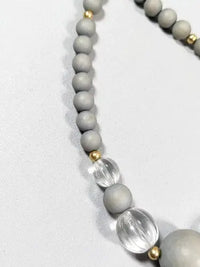 Gold Tone Gray Round Wood bead Clear Acrylic Longer necklace 26 inches ABC Jewelery