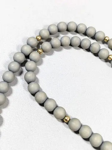 Gold Tone Gray Round Wood bead Clear Acrylic Longer necklace 26 inches ABC Jewelery
