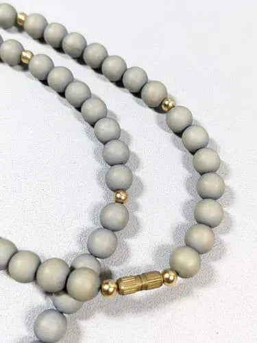 Gold Tone Gray Round Wood bead Clear Acrylic Longer necklace 26 inches ABC Jewelery
