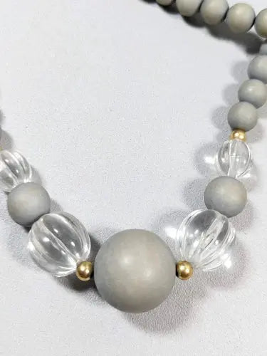 Gold Tone Gray Round Wood bead Clear Acrylic Longer necklace 26 inches ABC Jewelery