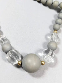 Gold Tone Gray Round Wood bead Clear Acrylic Longer necklace 26 inches ABC Jewelery