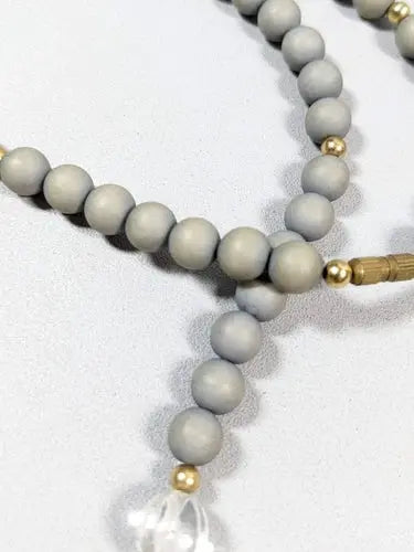 Gold Tone Gray Round Wood bead Clear Acrylic Longer necklace 26 inches ABC Jewelery