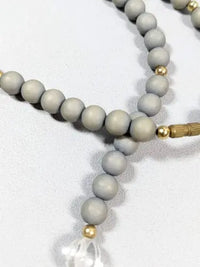 Gold Tone Gray Round Wood bead Clear Acrylic Longer necklace 26 inches ABC Jewelery