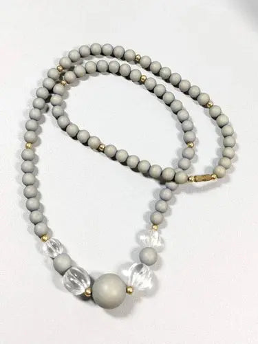 Gold Tone Gray Round Wood bead Clear Acrylic Longer necklace 26 inches ABC Jewelery