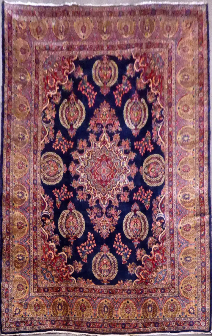 Hamedan Semi Antique Hand Knotted Persian Tabriz Rugs, Traditional Floral,Natural Vegetable Dyes, Wool, Blue, 14'4"X9'10", Panr10916 (Red : 10916)
