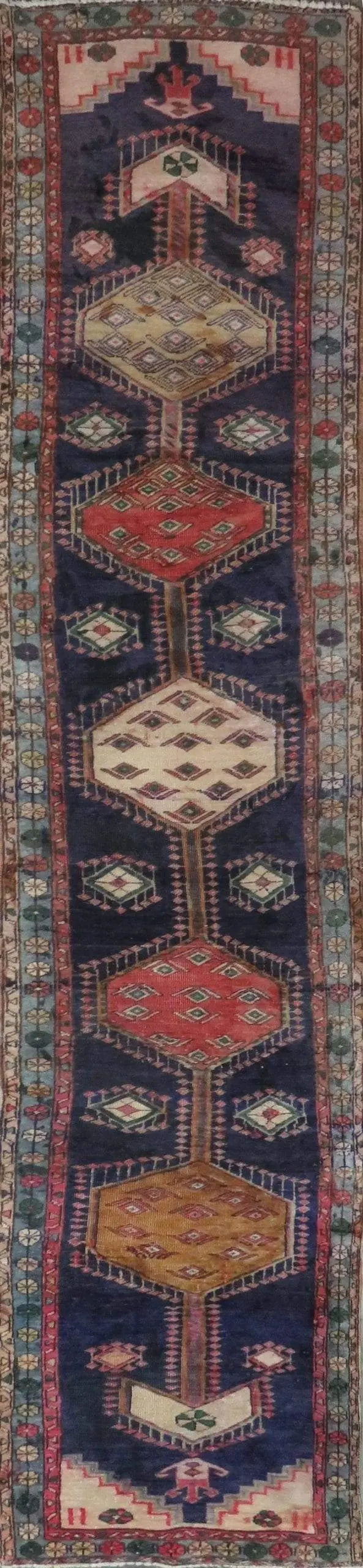 One Of The Kind Hand-Knotted Persian Wool Rug _ Luxurious Vintage Design, 13'6" x 2'7", Artisan Crafted