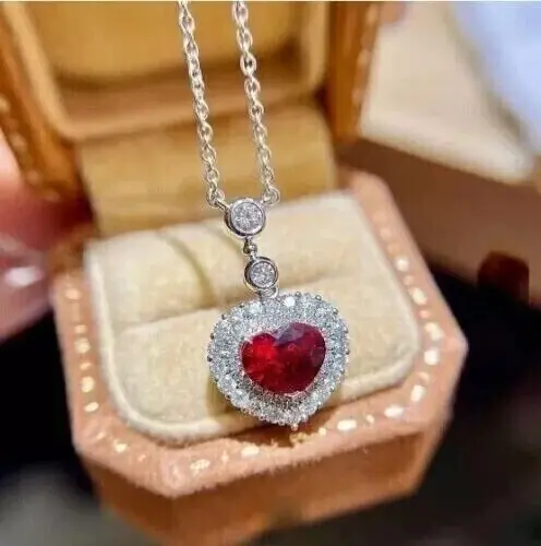 Heart Cut Simulated Red Ruby Women's Pendant With Chain In 14k White Gold Plated ABC Jewelery