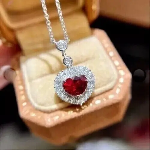 Heart Cut Simulated Red Ruby Women's Pendant With Chain In 14k White Gold Plated ABC Jewelery