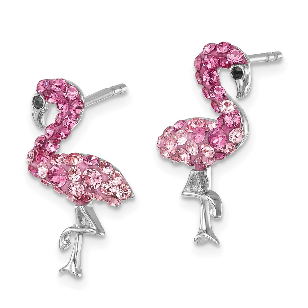 Sterling Silver Rhodium-plated Polished Pink Crystal Flamingo Post Earrings
