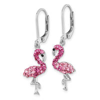 Sterling Silver Rhodium-plated Pink Crystal Flamingo Leverback Earrings