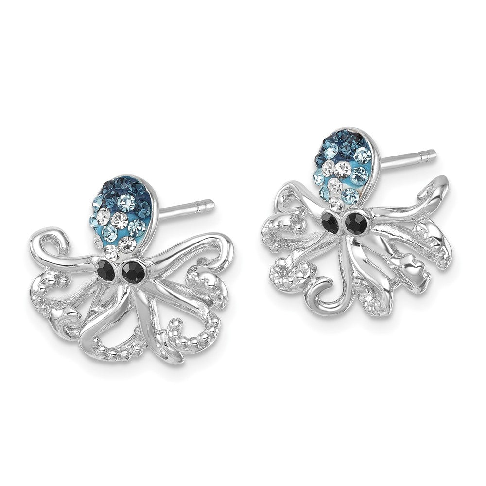 Sterling Silver Rhodium-plated Polished Crystal Octopus Post Earrings