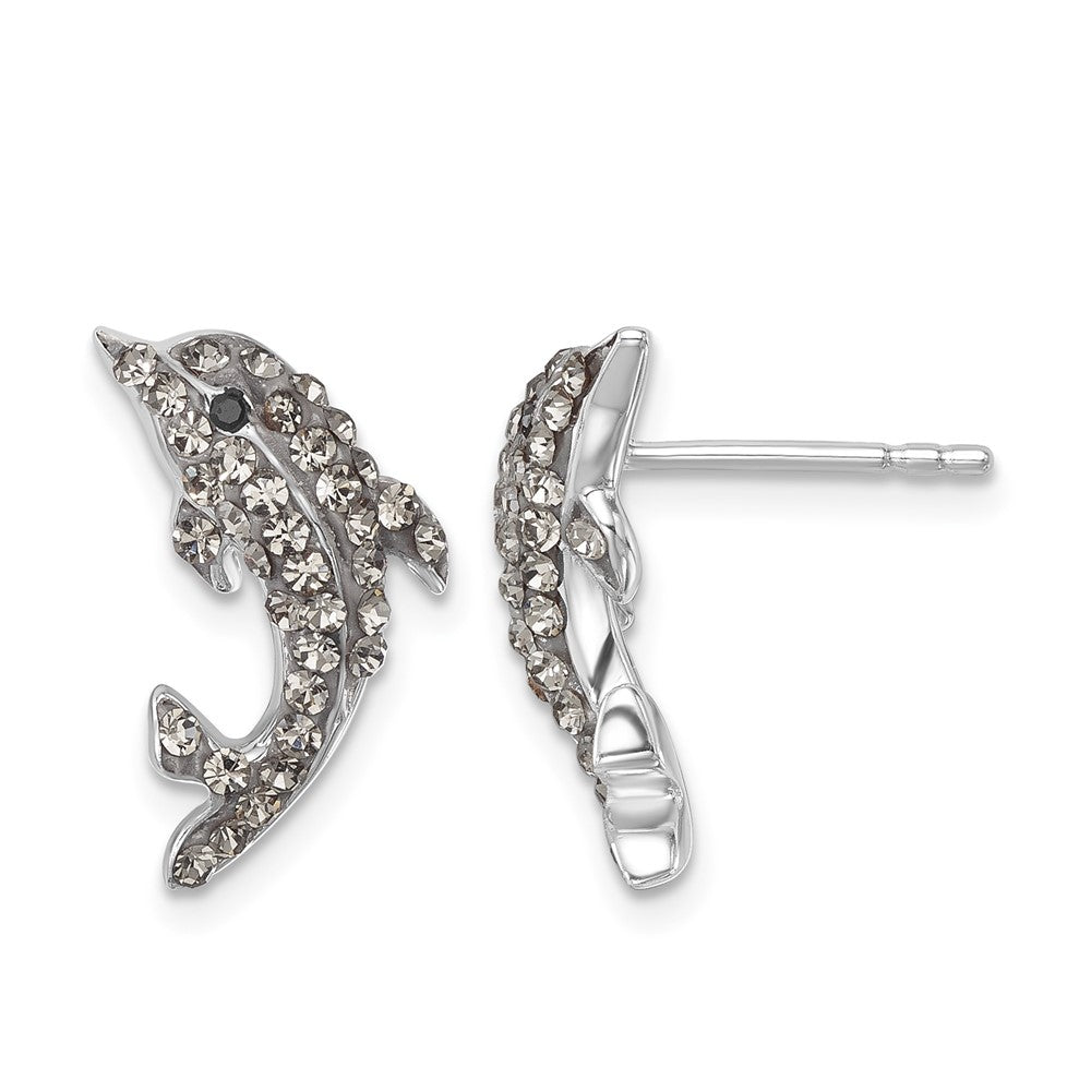Sterling Silver Rhodium-Plated Pale Blue Crystal Dolphin Post Earrings