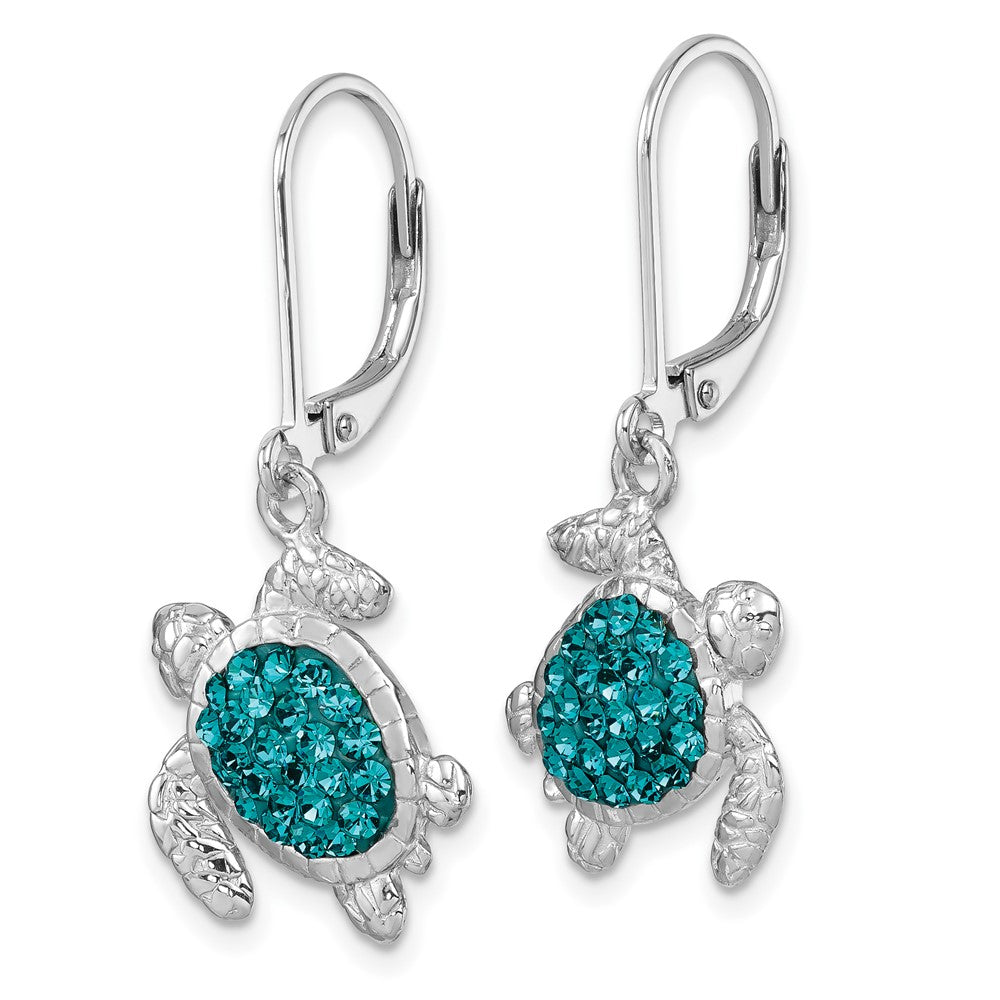 Sterling Silver Rhodium-plated Polished Blue Crystal Turtle Dangle Earrings