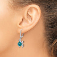 Sterling Silver Rhodium-plated Polished Blue Crystal Turtle Dangle Earrings