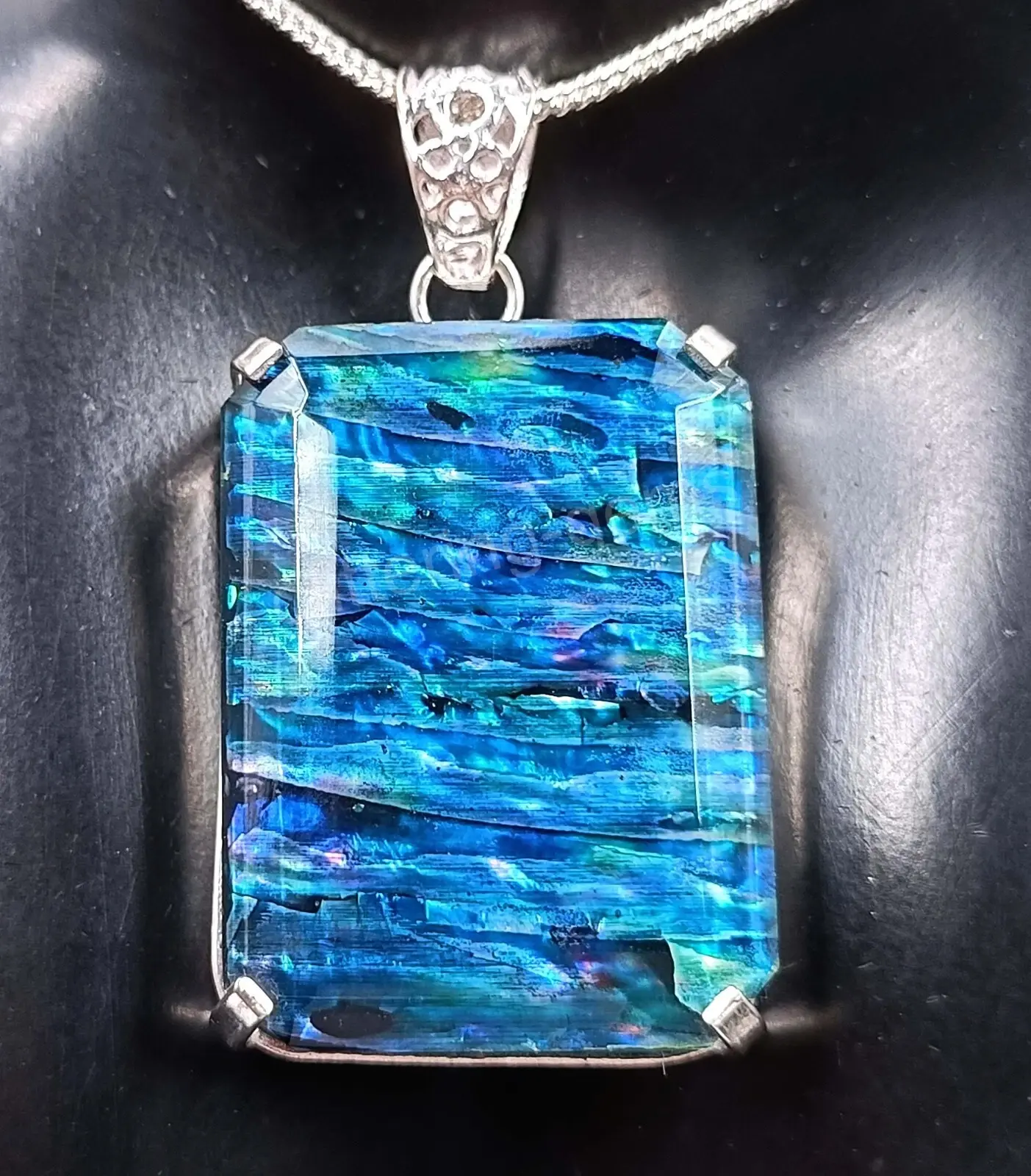 IGL 79 CT Natural Emerald Cut Ammolite 925 Solid Silver Pendant Loose Gems 5JSC ABC Jewelery