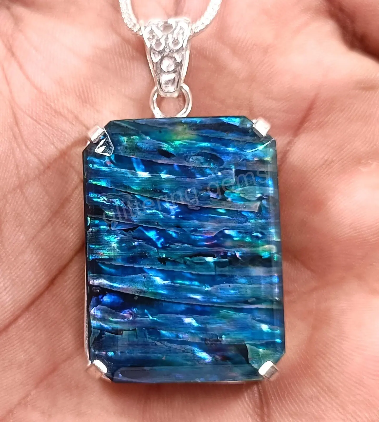 IGL 79 CT Natural Emerald Cut Ammolite 925 Solid Silver Pendant Loose Gems 5JSC ABC Jewelery