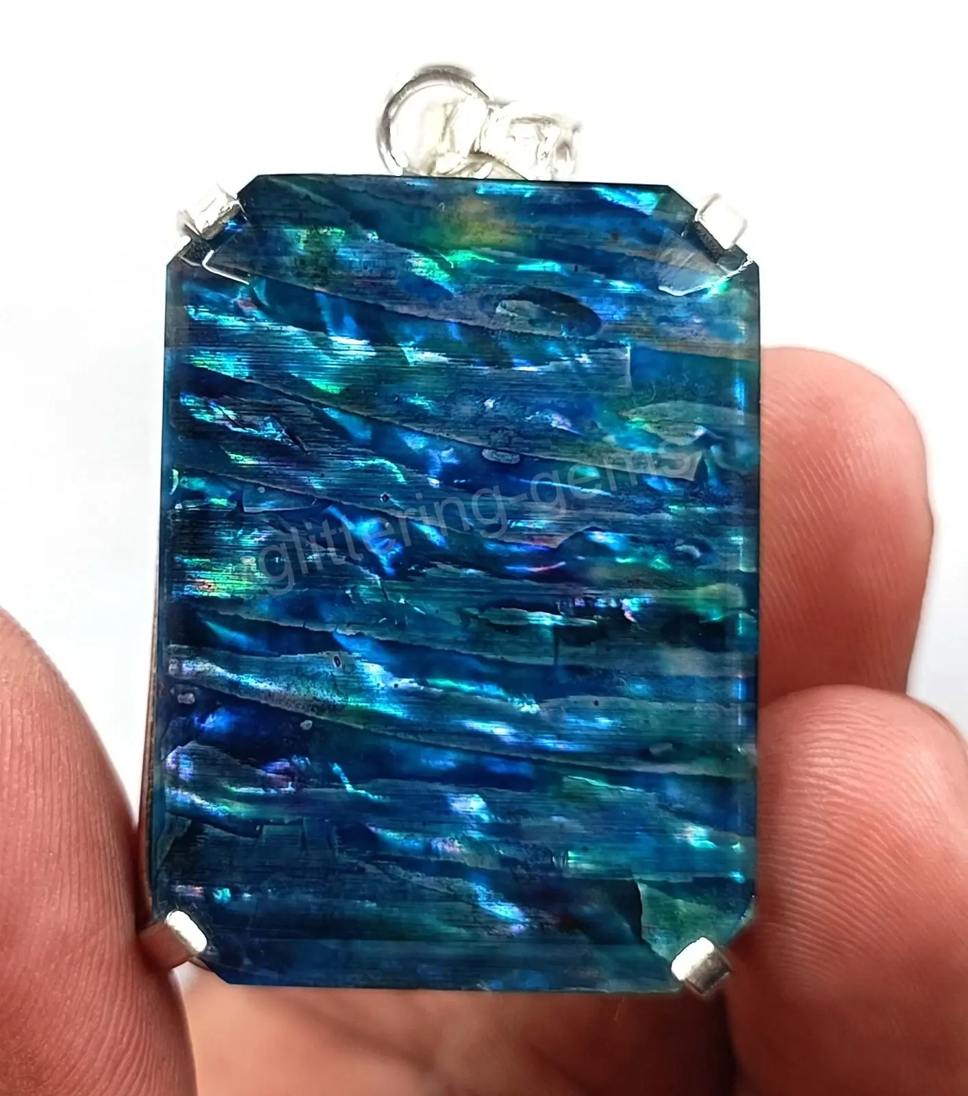 IGL 79 CT Natural Emerald Cut Ammolite 925 Solid Silver Pendant Loose Gems 5JSC ABC Jewelery