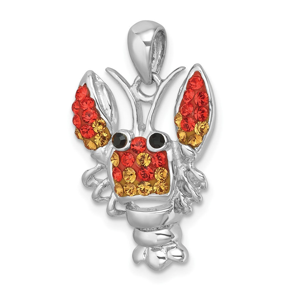 Sterling Silver Rhodium-plated Polished Orange Crystal Lobster Pendant