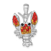 Sterling Silver Rhodium-plated Polished Orange Crystal Lobster Pendant