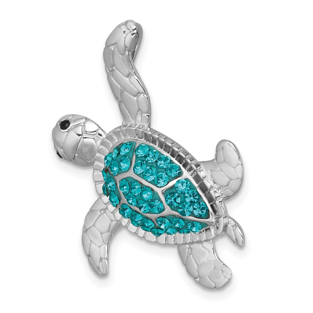 Sterling Silver Rhodium-plated Polished Blue Crystal Turtle Chain Slide