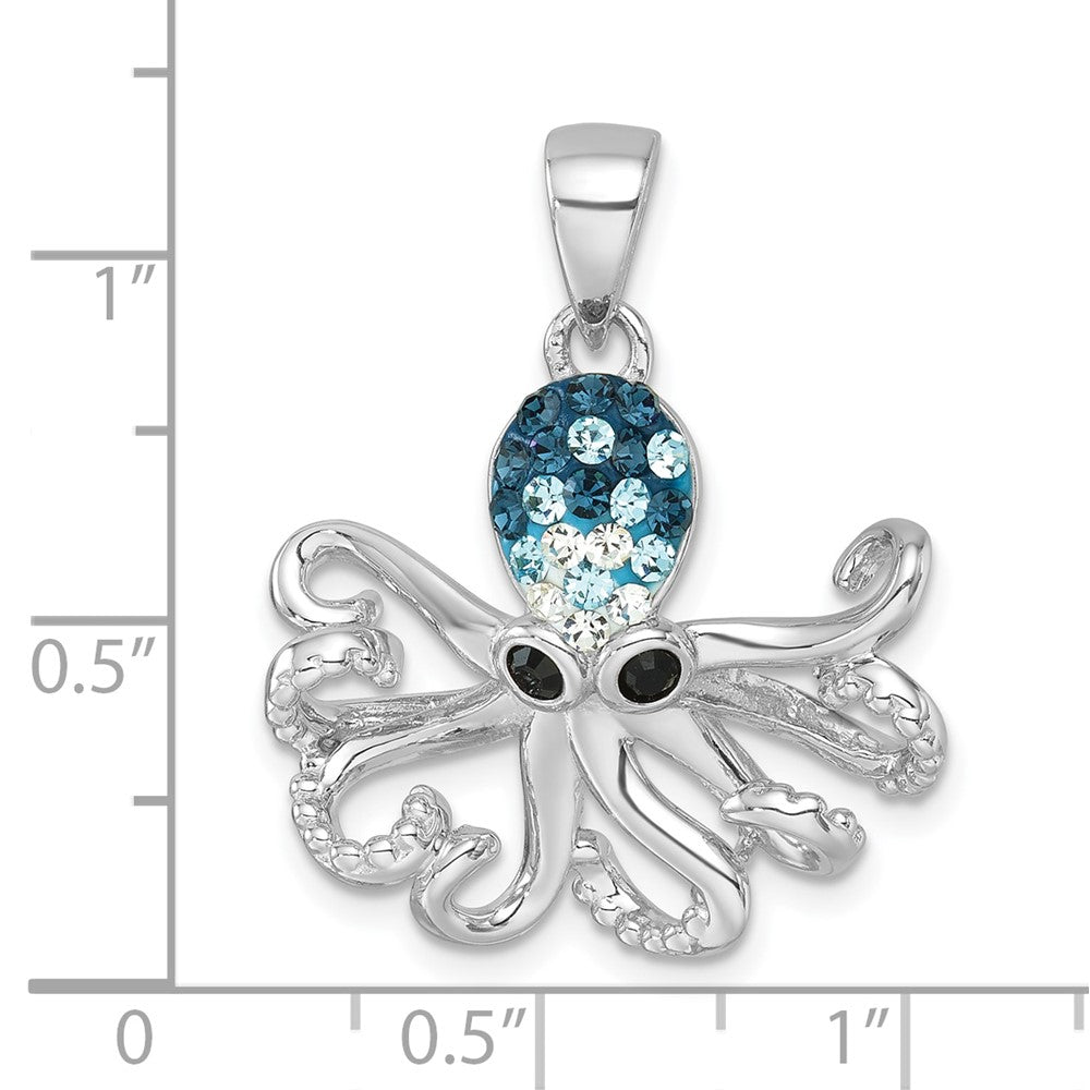Sterling Silver Rhodium-plated Polished Blue Crystal Octopus Pendant