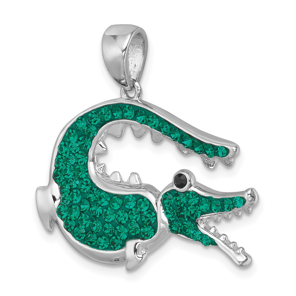 Sterling Silver Rhodium-plated Polished Green Crystal Alligator Pendant
