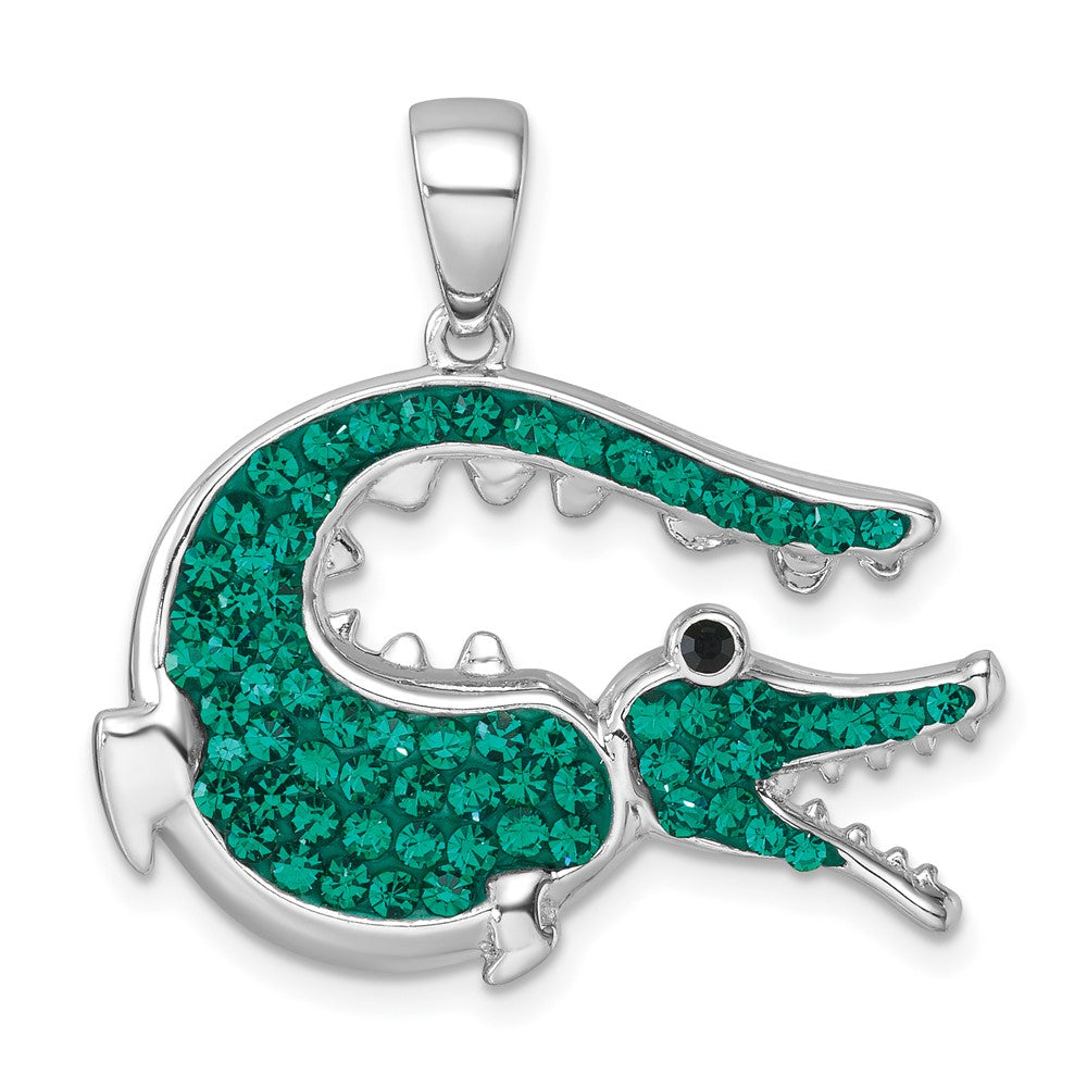 Sterling Silver Rhodium-plated Polished Green Crystal Alligator Pendant