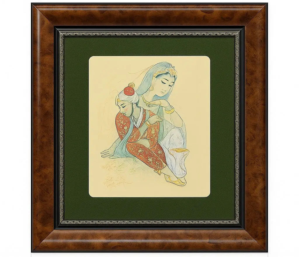 Decorative tapestry featuring embroidered birds, flowers, and foliage on a black fabric background. Approx. 21" x 25"