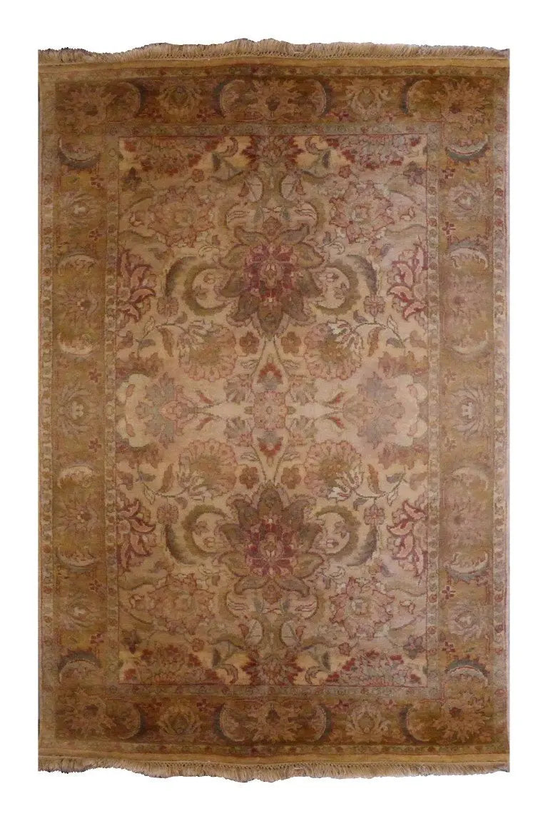 Indian Traditional Hand-Knotted Rug Made With Natural Wool & Cotton 6'2" X 4'0" (Pan2732) (Gold, Ivory)