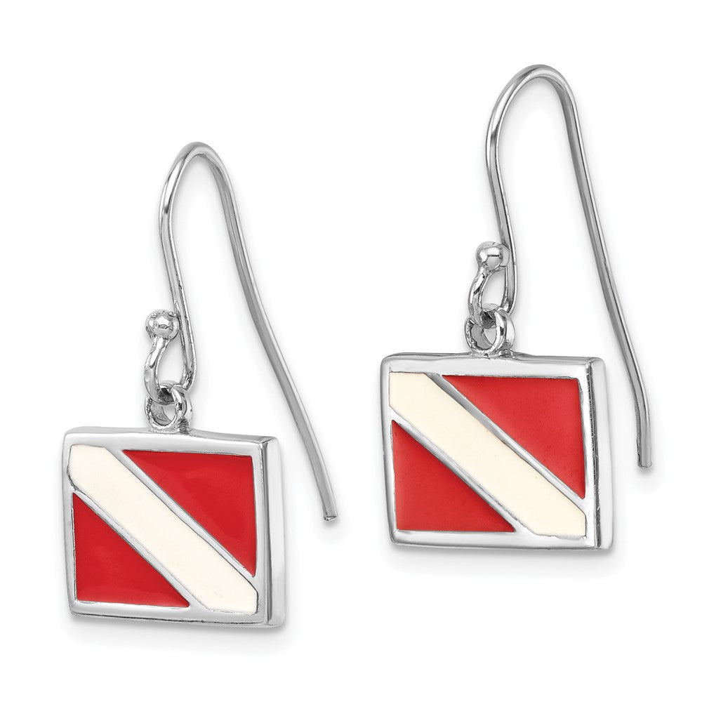 Sterling Silver Rhodium-plated Polished Enameled Dive Flag Dangle Earring