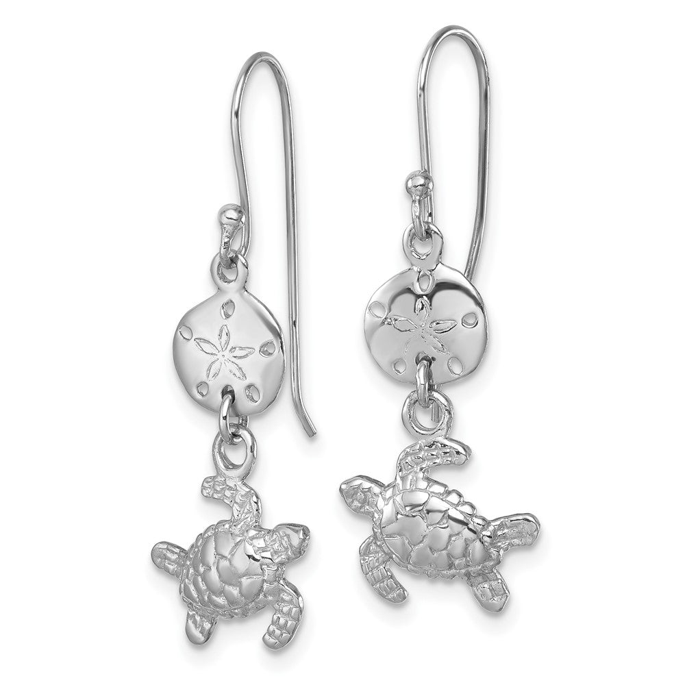 Sterling Silver Rhodium-plated Sand Dollar And Turtle Dangle Earring